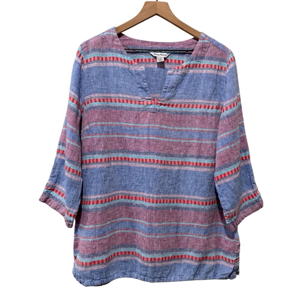 Tommy Bahama Women Top Sz L 100% Linen Multicolor 3/4 Sleeve Coastal Beach Tunic